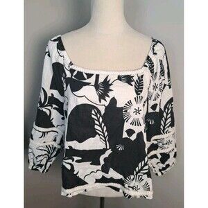 Nicole Miller Linen Blouse Top Floral Large Boho Peasant Puff Sleeve Gold Accent